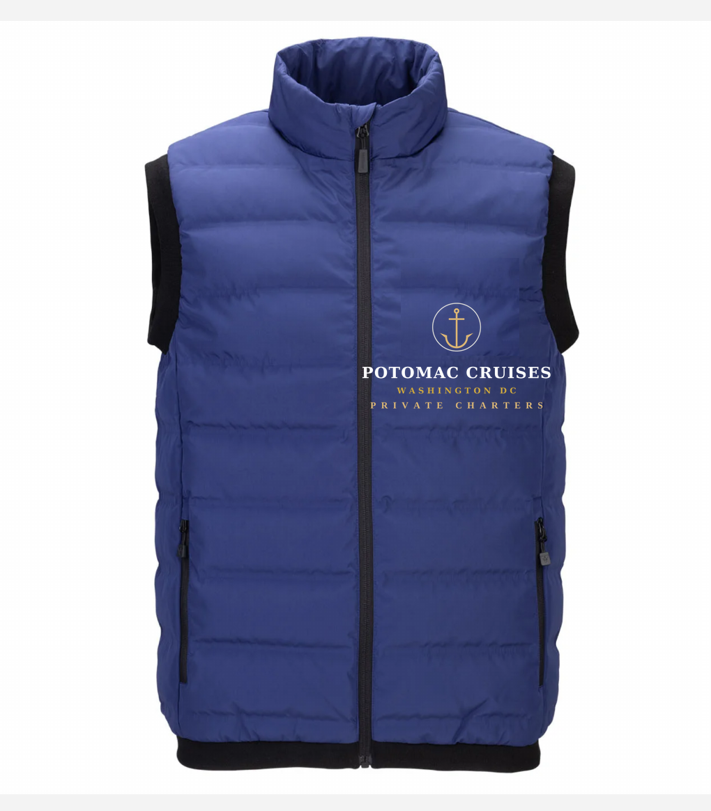 Navy Potomac Cruises puffy vest with the logo on the front